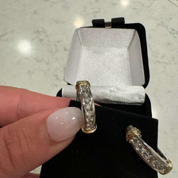 Omega-Back Two-Tone 14K gold Diamond Earrings - Picture 16 of 16